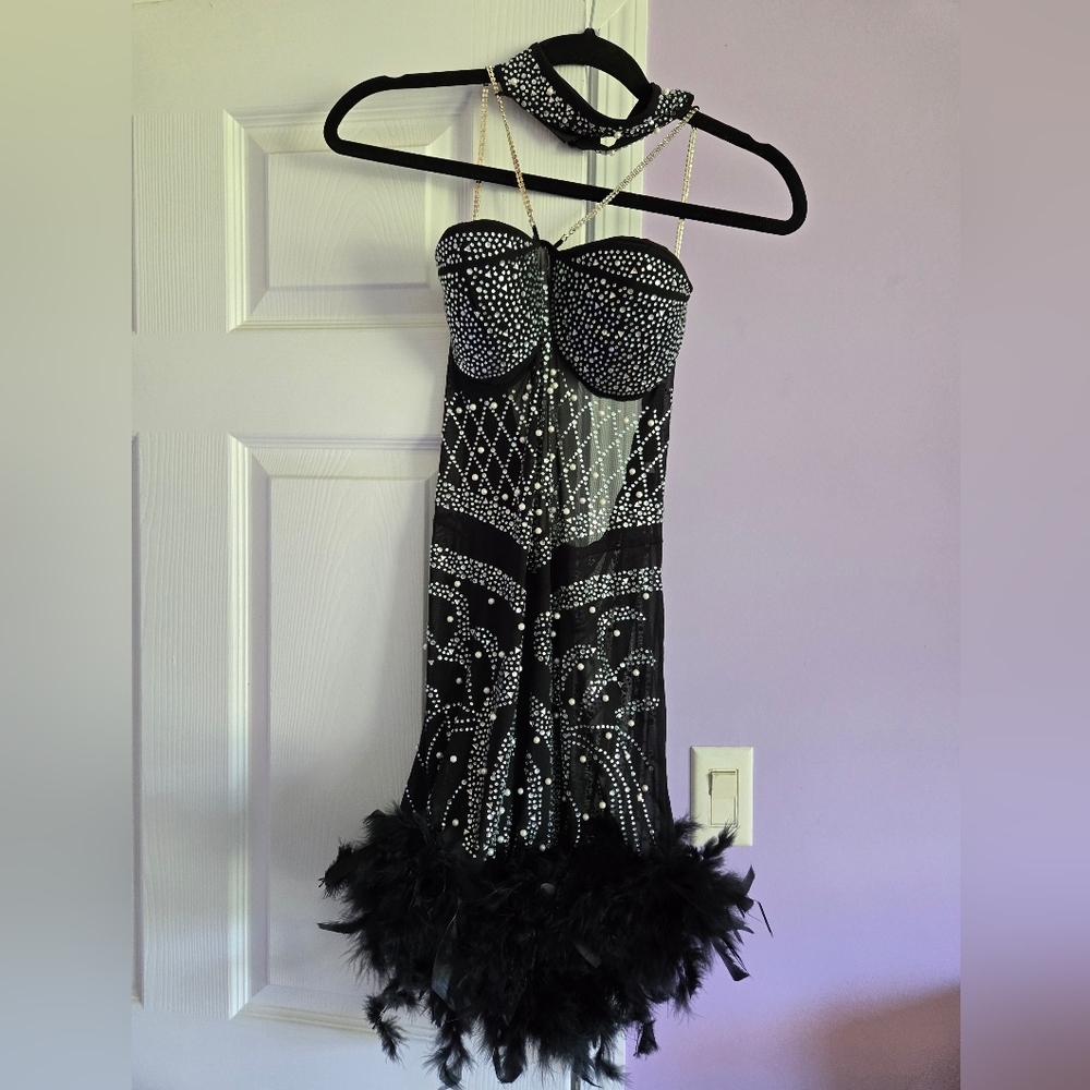 Black and White Beaded Gown with Feather Trim